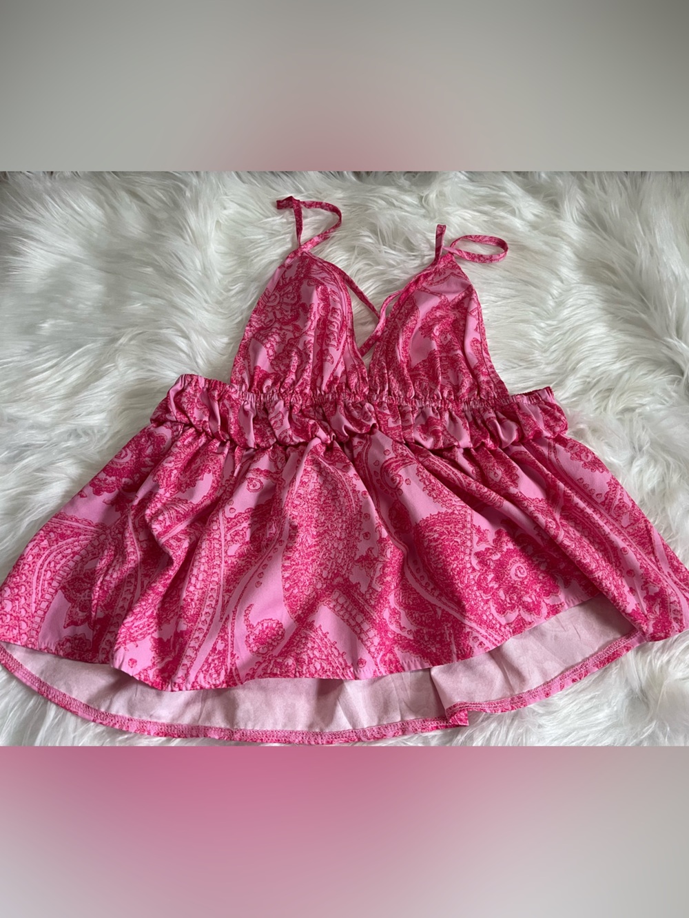 SHEIN Pink Paisley Ruched Spaghetti Strap Tank Top